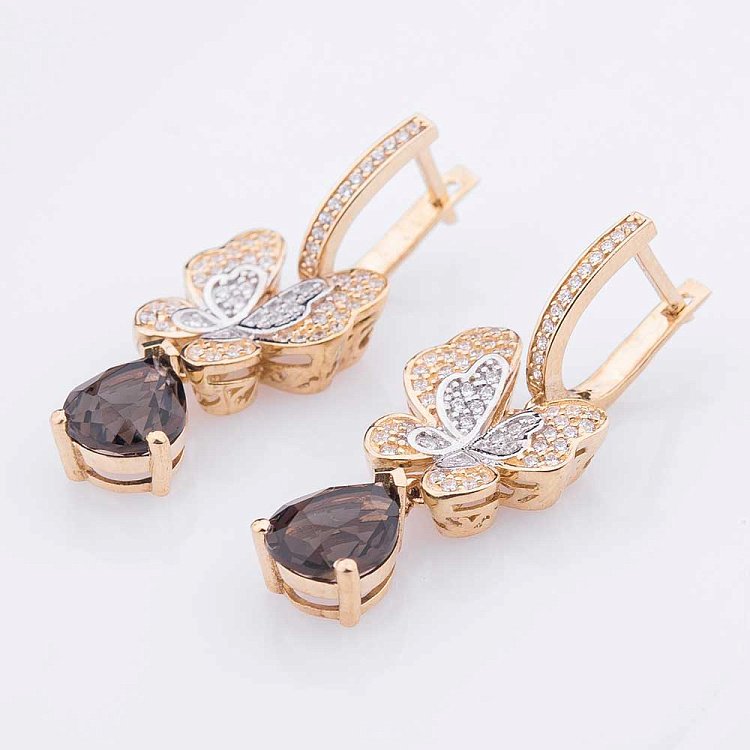 Золоті сережки "Метелики" з димч. кварцом і фіанітами с03898 від ювелірного магазину Онікс - 2