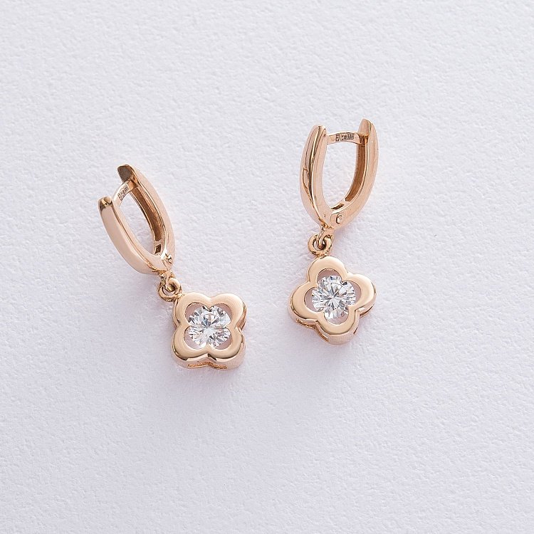 Золотые серьги "Клевер" с фианитом с04860 от ювелирного магазина Оникс