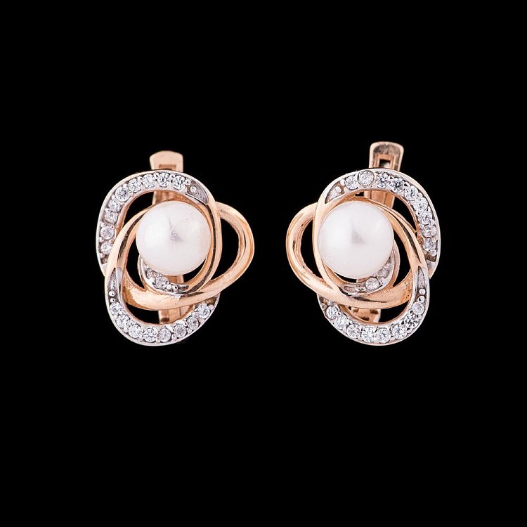 Золотые серьги (культ. пресн. жемчуг,фианиты) с02402 от ювелирного магазина Оникс - 1