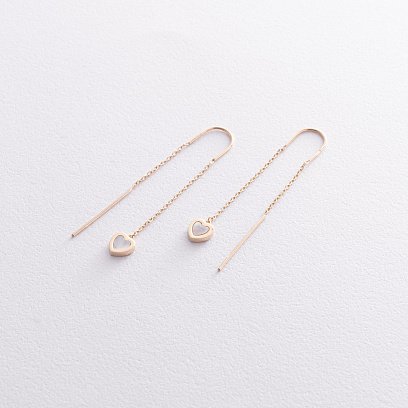 Серьги - протяжки "Сердечки" с перламутром (желтое золото) с08575