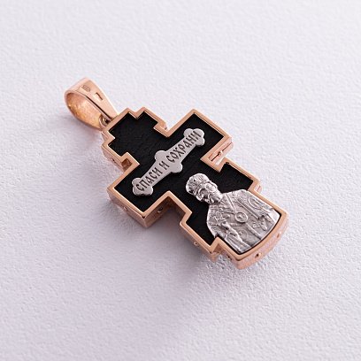 Чоловічий православний хрест з ебенового дерева та золота "Розп'яття. Спаси та Збережи" п0025 №6