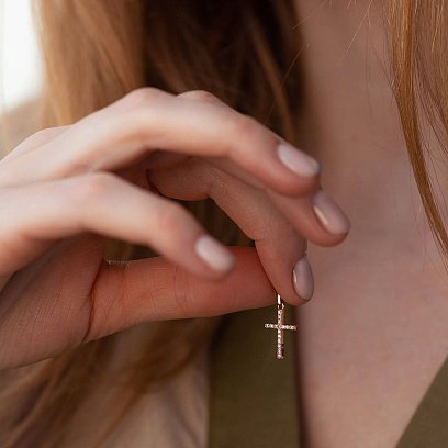 Золотий хрестик з білими і чорними фіанітами п03158 №2