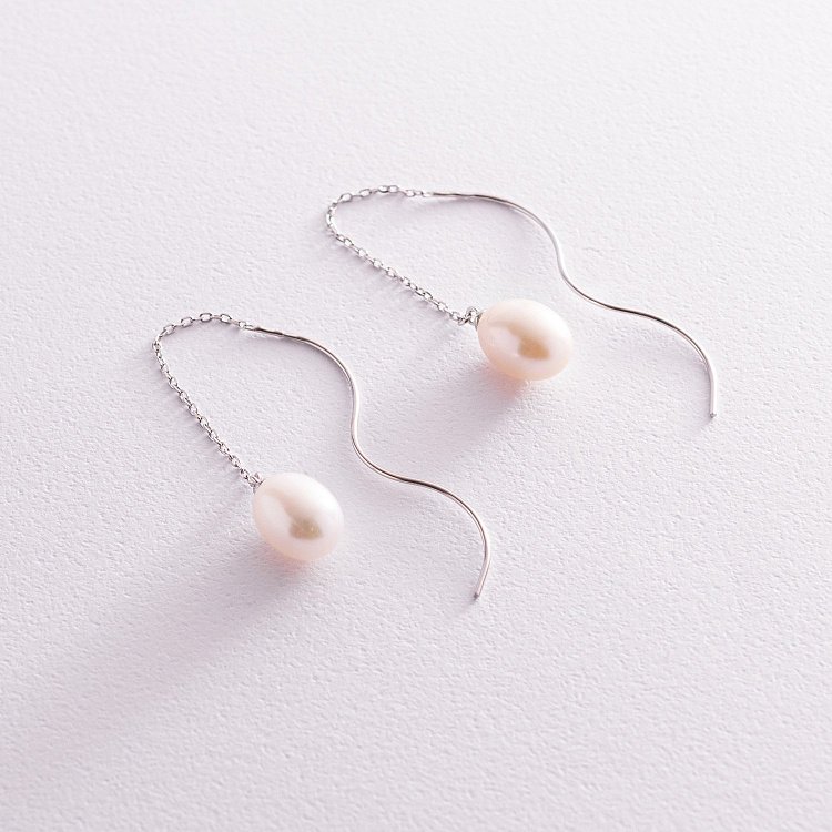 Срібні сережки - протяжки з перлами 123126 від ювелірного магазину Онікс - 4