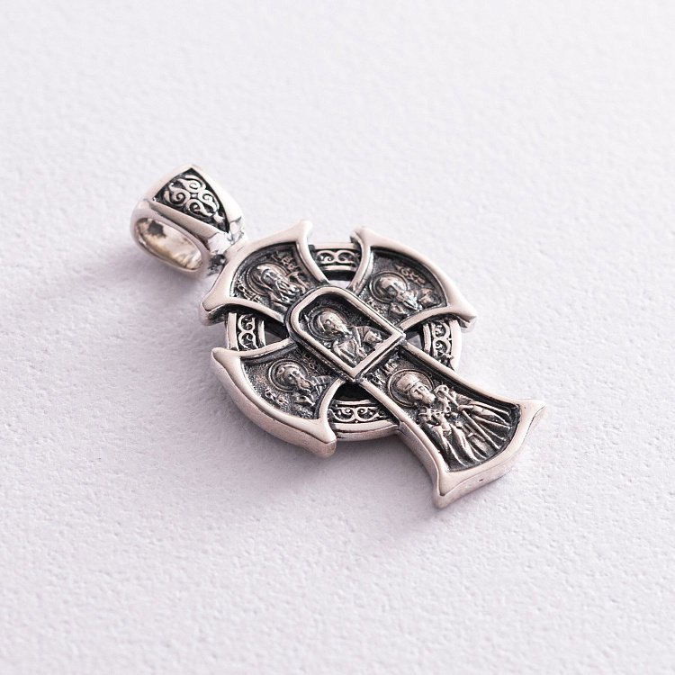 Срібний православний хрест "Господь Вседержитель. Ікона Божої Матері "Відрада та втіха" з чорнінням 13526 від ювелірного магазину Онікс