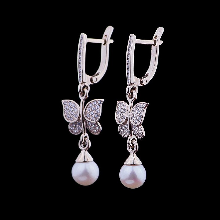 Золотые серьги "Бабочки" с жемчугом и фианитами 03-0702.0.2310 от ювелирного магазина Оникс