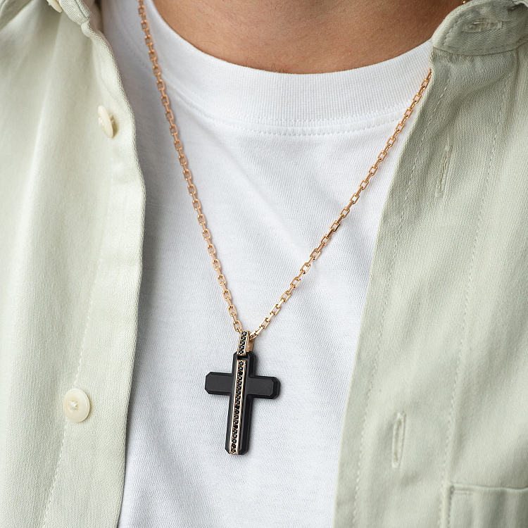 Титановий хрест із червоним золотом (чорні фіаніти) 2051ч від ювелірного магазину Онікс - 1