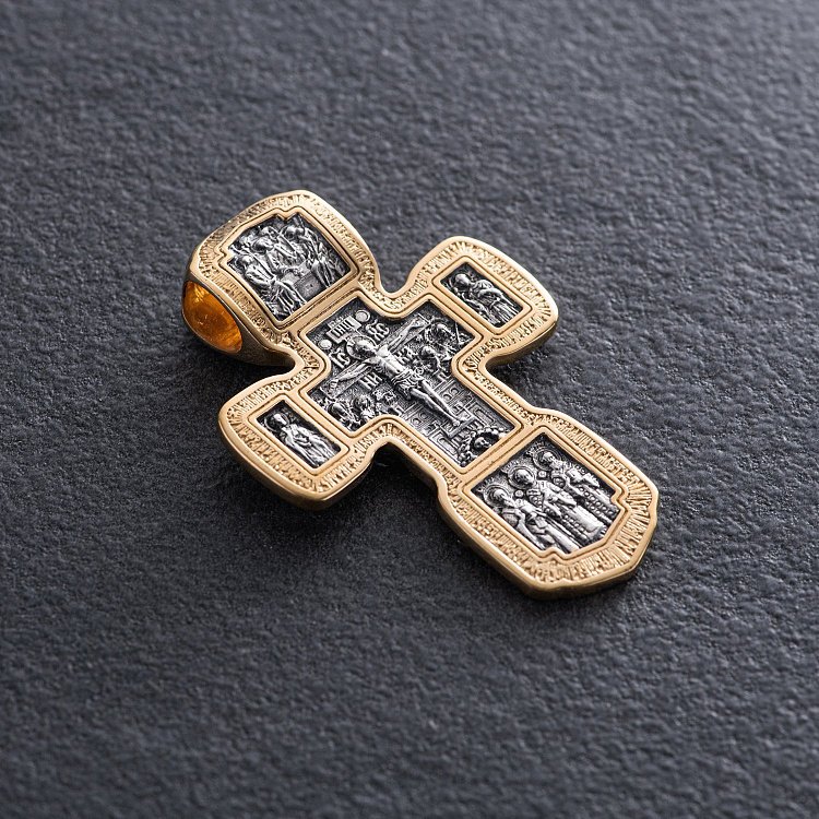 Срібний хрест "Розп'яття Христове.Свята Трійця. Свт. Микола Чудотворець. Мч. Трифон. Три святителя. Ікона Божої матері" Толгская ". Ангел Хранитель. Прп. Сергій Радонезький. Свт. Спиридон Тріміфунский" 132971 від ювелірного магазину Онікс