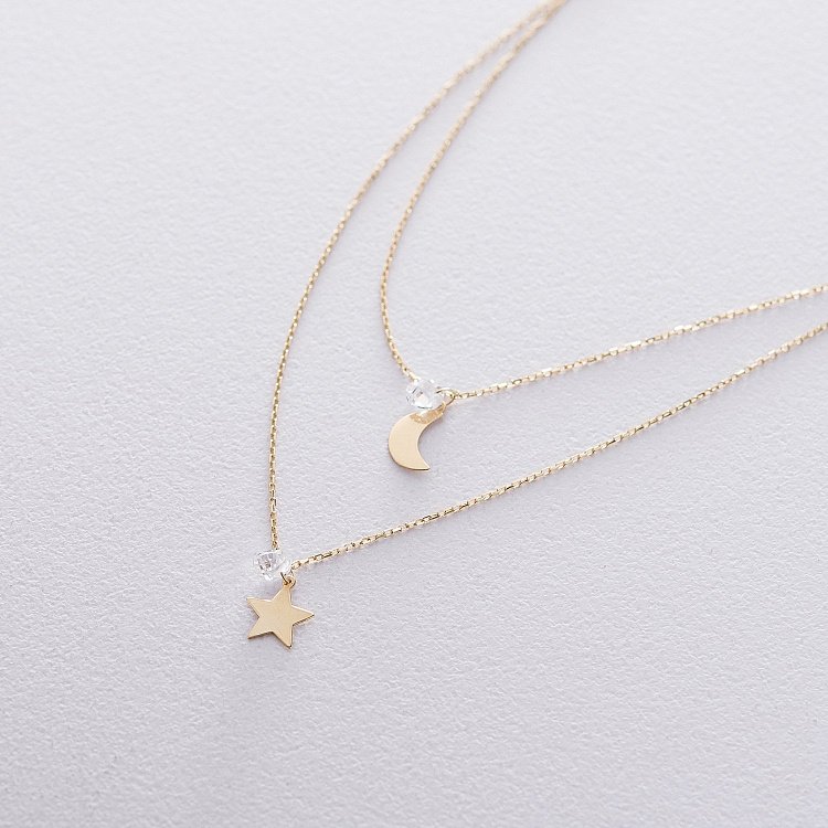 Подвійне золоте кольє "Місяць і зірка" з фіанітами кол01540 від ювелірного магазину Онікс