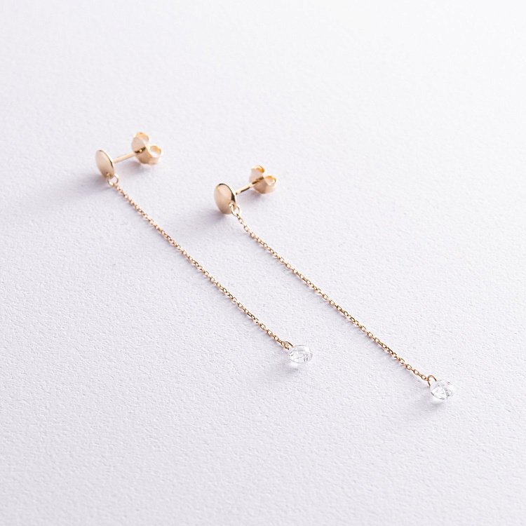 Серьги - пусеты "Фианит на цепочке" в желтом золоте с08021 от ювелирного магазина Оникс - 1