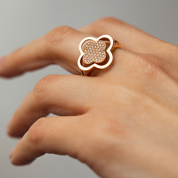 Каблучка "Конюшина" в червоному золоті (фіаніти) к08236 від ювелірного магазину Онікс - 3