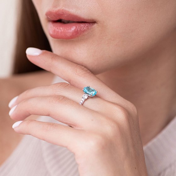 Серебряное кольцо (фианиты, кварц) 1322/1р-QSWB №2