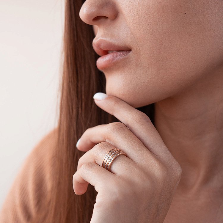 Тройное кольцо из красного золота с фианитами к02642 от ювелирного магазина Оникс - 2