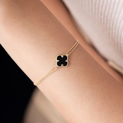 Золотий подвійний браслет "Конюшина" з оніксом б04824 №2