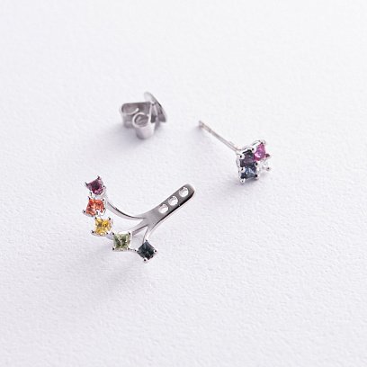 Золотые серьги - джекеты 2 в 1 (разноцветные сапфиры, бриллианты) сб0454nl №5