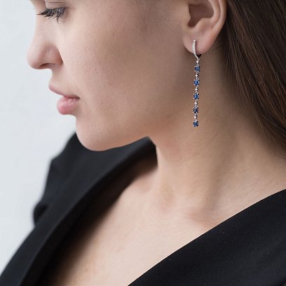 Висячі сережки з діамантами і сапфірами з білого золота сб0299ca №6