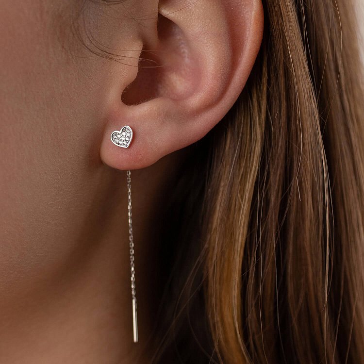 Сережки - протяжки "Сердечки" у білому золоті (фіаніти) с08084 від ювелірного магазину Онікс