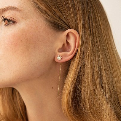 Серьги - протяжки "Клевер" в желтом золоте (фианиты) с08158 №2