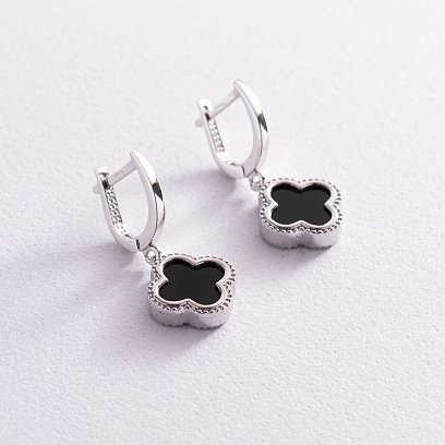 Сережки "Конюшина" в білому золоті (онікс) с07665