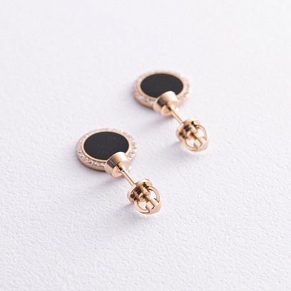 Золотые серьги - пусеты с бриллиантами и эмалью 315783121 №3