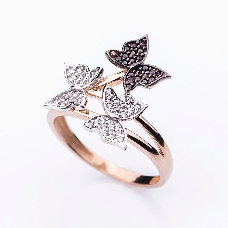 Золота каблучка "Метелики" з фіанітами к05027 від ювелірного магазину Онікс - 1