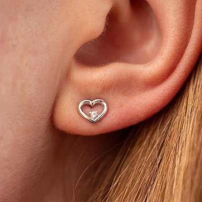 Сережки - пусети "Сердечки" у білому золоті (фіаніти) с08474 №5