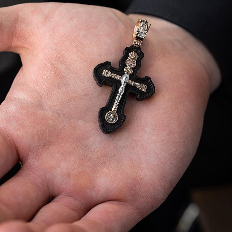 Золотой крест "Распятие. Спаси и Сохрани" с эбеновым деревом 631з от ювелирного магазина Оникс - 3