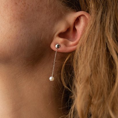 Серьги - пусеты "Жемчужина на цепочке" в белом золоте с08302 №9