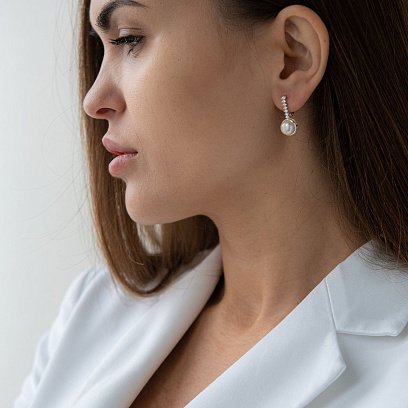 Серебряные серьги (культ. пресн. жемчуг, фианиты) 121022 №6