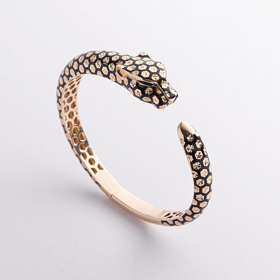 Жесткий золотой браслет "Пантера" (эмаль, фианиты) б04928