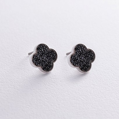 Срібні сережки - пусети "Конюшина" (чорні фіаніти) 544ч