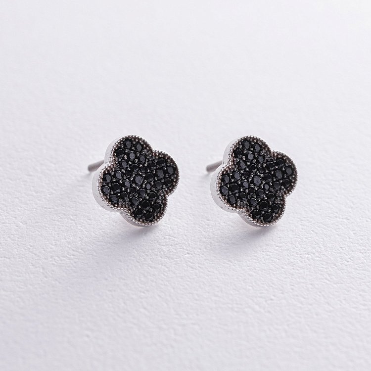 Срібні сережки - пусети "Конюшина" (чорні фіаніти) 544ч від ювелірного магазину Онікс