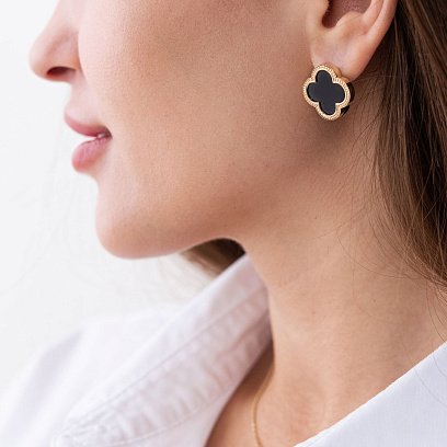 Золоті сережки "Конюшина" з оніксом с07367 №3