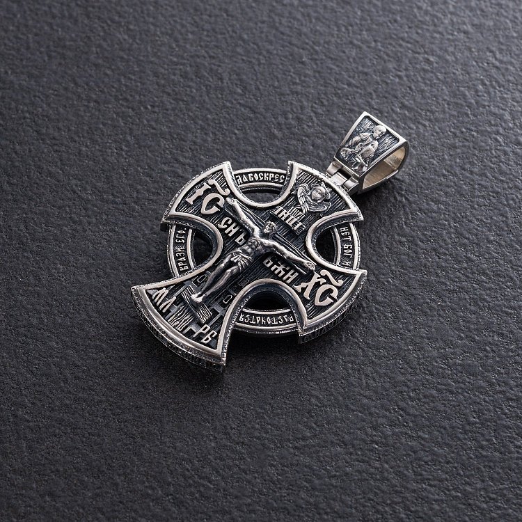 Православный серебряный крест "Распятие Христово. Молитва "Да воскреснет Бог" 1323 от ювелирного магазина Оникс - 1