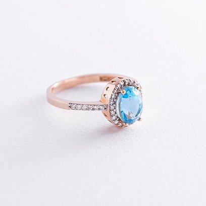 Золотое кольцо с голубым топазом и фианитами к04653 №3