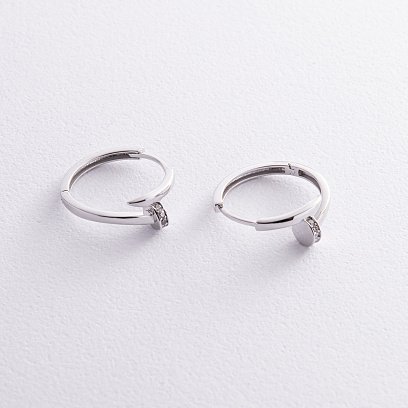 Сережки - кільця "Цвях" у білому золоті (фіаніти) с08342 №5