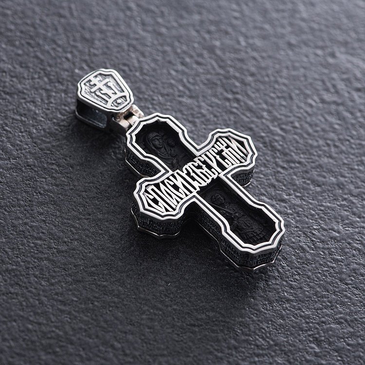 Чоловічий православний хрест "Розп'яття. Спаси і Збережи. Отче наш" з ебенового дерева та срібла mini 1170 від ювелірного магазину Онікс - 4