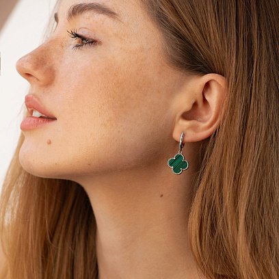 Серебряные серьги "Клевер" (синт. малахит) 123367 №2