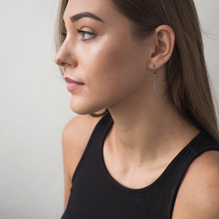 Золоті сережки "Хрести" з чорними діамантами сб0202ch від ювелірного магазину Онікс - 3