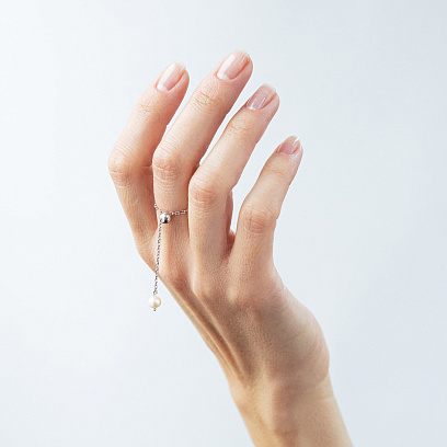 Кольцо "Жемчужина на цепочке" в белом золоте к08347 №3