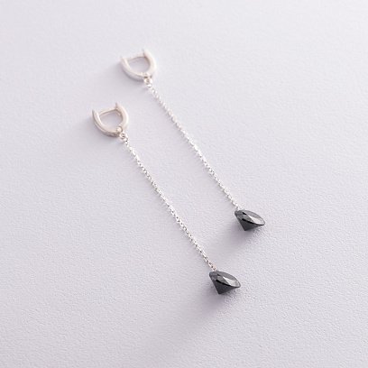 Серебряные серьги с черными камнями на цепочке 122926 №6
