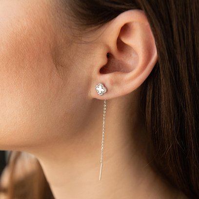 Сережки - протяжки "Конюшина" в білому золоті (фіаніти) с08161