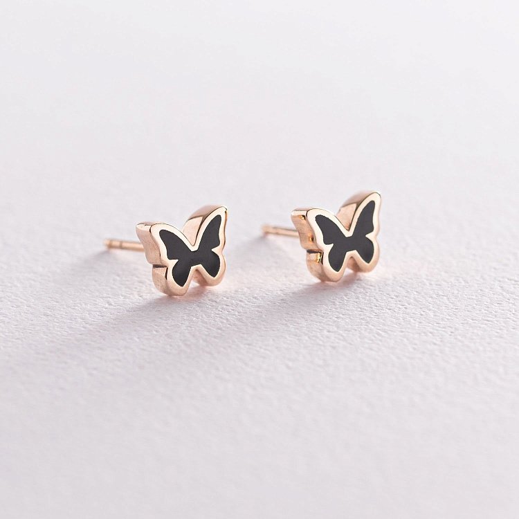 Сережки - пусети "Метелики" в червоному золоті (емаль) с06621 від ювелірного магазину Онікс