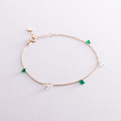Браслет в желтом золоте (зеленые и белые фианиты) б05138