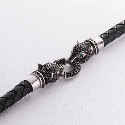 Серебряный браслет "Пантера" с фианитами (кожа) 565L №3