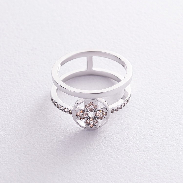 Каблучка "Конюшина" в білому золоті (жовті фіаніти) к07445 від ювелірного магазину Онікс - 4