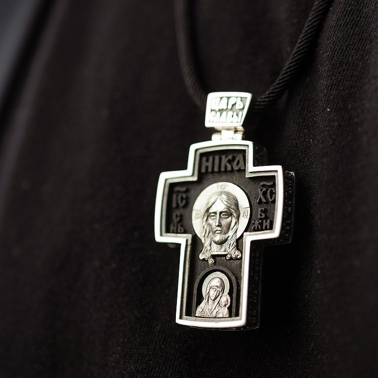 Мужской православный крест "Спас Нерукотворный. Архангел Михаил" из эбенового дерева и серебра 133230 от ювелирного магазина Оникс - 4