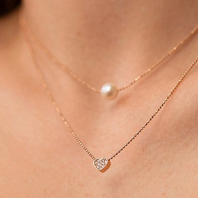 Подвійне кольє "Сердечко і перлина" з фіанітами (червоне золото) кол02546 №3