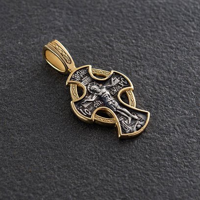 Серебряный православный крестик (чернение, позолота) 132718 №2