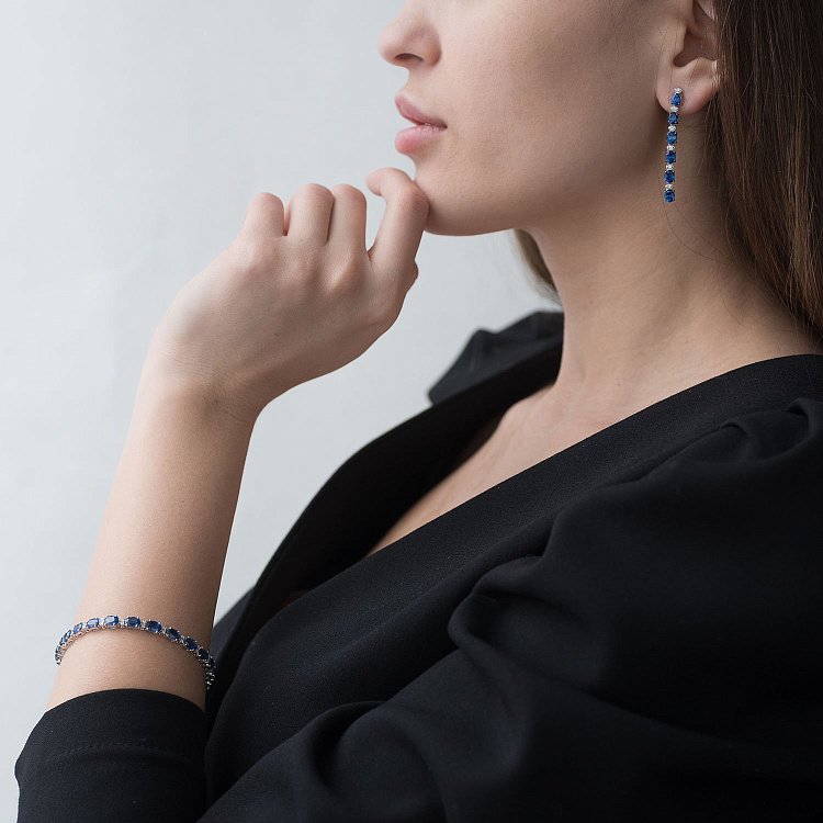 Висячі сережки з діамантами і сапфірами з білого золота сб0299ca від ювелірного магазину Онікс - 4