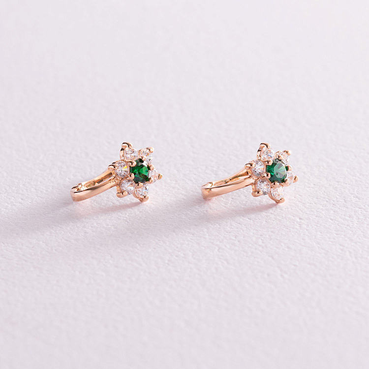 Детские золотые сережки "Цветочки" с зелеными фианитами с03612 от ювелирного магазина Оникс - 2
